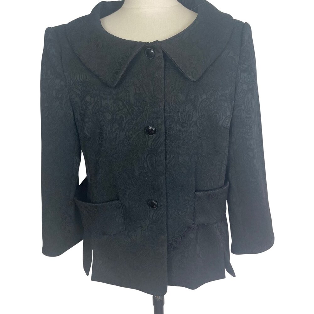 Vintage Lynn Ritchie Black Jacquard Jacket 10 Womens 3/4 Sleeve 60s Style